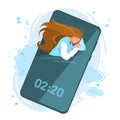 Healthy human sleep cycle stages vector flat illustration, white background. Girl sleeping with smartphone. Concept