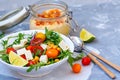 Healthy hummus, homemade chickpea and veggies salad