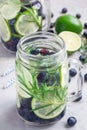 Healthy infused water with fresh blueberry, lime and rosemary, vertical Royalty Free Stock Photo