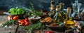 Healthy ingredients of various food ingredients with oil and spice bottles and flavor herbs on dark rustic table Royalty Free Stock Photo