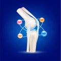 Healthy joint bone and Mineral calcium, magnesium, vitamin D3 and collagen. Radius ring surrounds on a blue background. Help heal