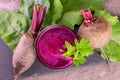 Healthy juice from beets in a glass on a black slate board. Flat lay. Royalty Free Stock Photo