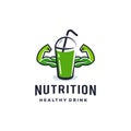 Healthy juice logo ,energy drink with cup, straw and strong muscle icon label, healthy protein diet drink logo illustration mascot