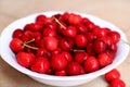 Healthy, juicy, fresh, organic cherries in fruit bowl close up. Cherries in background. Royalty Free Stock Photo