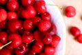 Healthy, juicy, fresh, organic cherries in fruit bowl close up. Cherries in background. Royalty Free Stock Photo