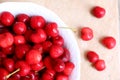 Healthy, juicy, fresh, organic cherries in fruit bowl close up. Cherries in background. Royalty Free Stock Photo