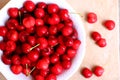 Healthy, juicy, fresh, organic cherries in fruit bowl close up. Cherries in background. Royalty Free Stock Photo