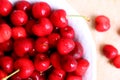 Healthy, juicy, fresh, organic cherries in fruit bowl close up. Cherries in background. Royalty Free Stock Photo