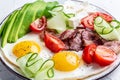 Healthy keto diet breakfast egg, avocado, cheese, bacon. Food recipe background. Close up