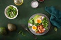 Healthy keto paleo diet breakfast: boiled egg, avocado, halloumi cheese, salad leaves