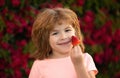 Healthy kids food Kid funny portrait. Cute little boy eating a strawberry. Royalty Free Stock Photo