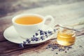 Healthy lavender tea cup, jar of honey and lavender flowers.