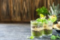 Healthy layered smoothie with kiwi, pineapple, chia. Copy space Royalty Free Stock Photo