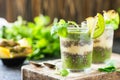 Healthy layered smoothie with kiwi, pineapple, chia