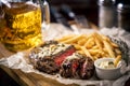 Healthy lean grilled medium-rare steak with french fries, beer