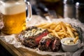 Healthy lean grilled medium-rare steak with french fries, beer
