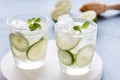 Healthy Lemonade Lime with Fresh Mint and Ice in a Glass on Blue Background Tasty Homemade Detox Water Infused Water Horizontal Royalty Free Stock Photo