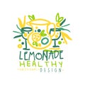 Healthy lemonade original design logo, natural product badge, fresh beverage hand drawn vector Illustration