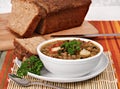 Healthy Lentil, Spinach Soup with Quinoa Bread. Royalty Free Stock Photo