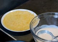 Healthy lentils crepes on a plate and batter in a glass bowl, on the kitchen