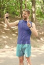 Healthy life. athletic man in sportswear make selfie. outdoor workout. Fitness app. Ui ux concept. gadget in modern Royalty Free Stock Photo