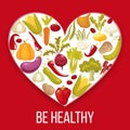 Healthy life. Cartoon style heart with healthy vegitables. Vector illustration