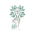 Healthy life emblem with abstract human silhouette and leaves. Harmony with nature. Original flat vector logo for yoga Royalty Free Stock Photo