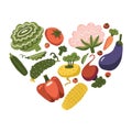Healthy life - heart shape with vegetables. Vegetable icons for healthy eating or organic food concept. Includes tomato, corn,