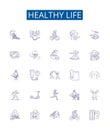 Healthy life line icons signs set. Design collection of Diet, Exercise, Hygiene, Sleep, Sunshine, Nutrition, Water