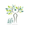 Healthy life logo with abstract human silhouette and green leaves. Flat vector emblem for yoga studio or wellness center Royalty Free Stock Photo