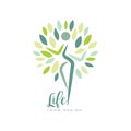 Healthy life logo design with abstract silhouette of human and green leaves. Harmony with nature. Flat vector emblem for Royalty Free Stock Photo