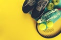 Healthy Life Sport Concept. Sneakers with Tennis Balls, Towel an Royalty Free Stock Photo