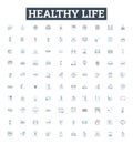 Healthy life vector line icons set. Wellness, Exercise, Nutrition, Hydration, Balance, Joy, Relaxation illustration