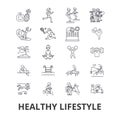 Healthy lifestyle, active living, natural food, healthcare, wellness, exercise line icons. Editable strokes. Flat design Royalty Free Stock Photo