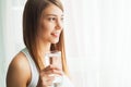 Healthy Lifestyle. Close-up Portrait Of Young Woman Drinking Refreshing Pure Water From Glass. Healthcare. Drinks. Water