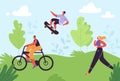 Healthy Lifestyle Concept. Active People Exercising in Park. Woman Running, Girl Riding Bicycle, Man Skateboarding Royalty Free Stock Photo