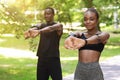 Healthy Lifestyle Concept. Black millennial couple doing sport outdoors together Royalty Free Stock Photo