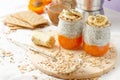 Healthy lifestyle concept. Breakfast with coffee, crackers, oat flakes, chia seed pudding with banana and apricot