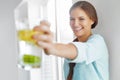 Healthy Lifestyle Concept, Diet And Fitness. Woman Drinking Water With Lemon , Lime And Mint Royalty Free Stock Photo