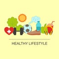 Healthy lifestyle concept with food and sport icons