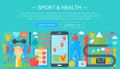 Healthy lifestyle concept with food and sport icons. Sport and fitness flat concept infographics header template design