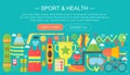 Healthy lifestyle concept with food and sport icons. Sport and fitness flat concept infographics template header design Royalty Free Stock Photo