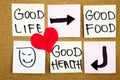 healthy lifestyle concept - good food, health and life - reminder words handwritten of sticky notes with red heart