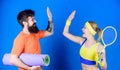 Healthy lifestyle concept. Man and woman couple in love with yoga mat and sport equipment. Fitness exercises. Workout Royalty Free Stock Photo