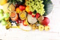 Healthy lifestyle concept. measuring tape sport fitness equipment and healthy food and juice (fruits and vegetables, dumbells, app