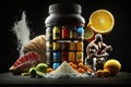 Healthy lifestyle concept with sport nutrition and fruits on black background