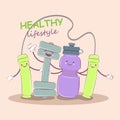 Healthy lifestyle. Cute picture of a best friend of a healthy lifestyle. Jump rope, dumbbells and water bottle. Vector illustratio