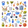 Healthy Lifestyle and Diet Big Set, Various Fitness and Sports Equipment, Useful Food, Proper Nutrition, Supplements