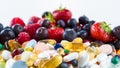 Healthy lifestyle, diet concept, Fruit and pills, vitamin supplements Royalty Free Stock Photo