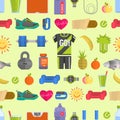 Healthy lifestyle diet icons and sport sneakers lifestyle fitnes seamless pattern background vector illustration